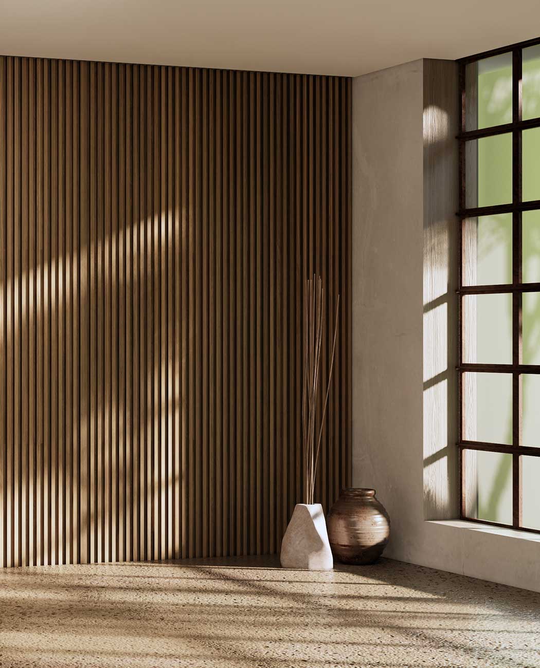 Revestimiento interior en WPC color cedro instalado en una vivienda, se ve como el reflejo de la luz a través de la ventana realza las sombras que crean los listones de WPC | Innova Cladding Colombia